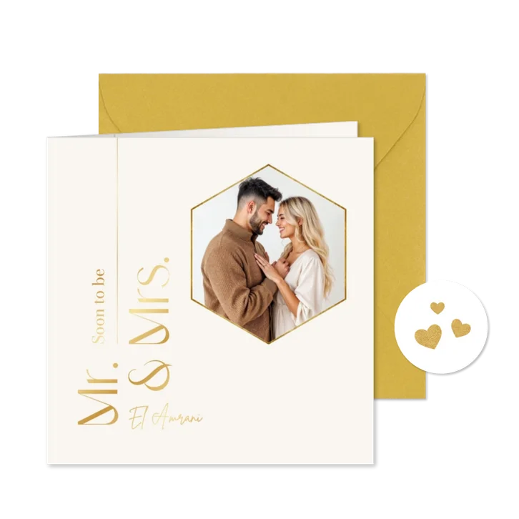 Trouwkaart mr mrs stijlvol minimalistisch goud grafisch