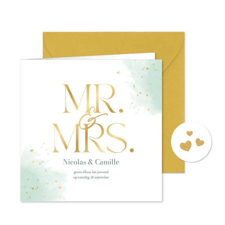 Trouwkaart mr. mrs. waterverf mintgroen goudlook hartjes