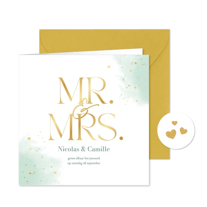 Trouwkaart mr. mrs. waterverf mintgroen goudlook hartjes 