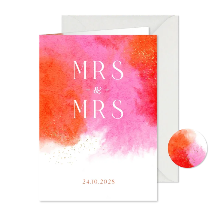 Trouwkaart mrs mrs waterverf roze goud trend
