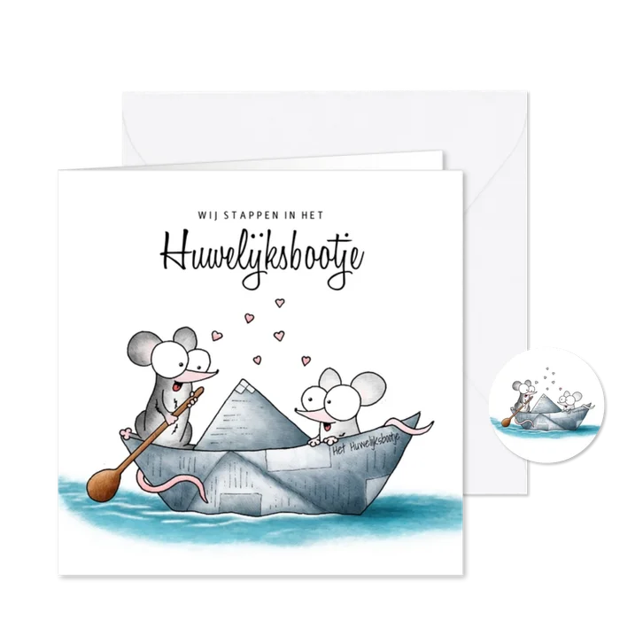 Trouwkaart muisjes stappen in het huwelijksbootje