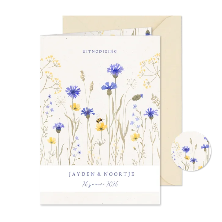 Trouwkaart natuurlijk met aquarel geschilderde wilde bloemen