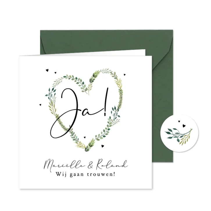 Trouwkaart natuurlijk romantisch hart takjes groen
