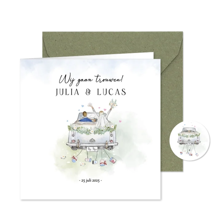 Trouwkaart oldtimer bruidspaar