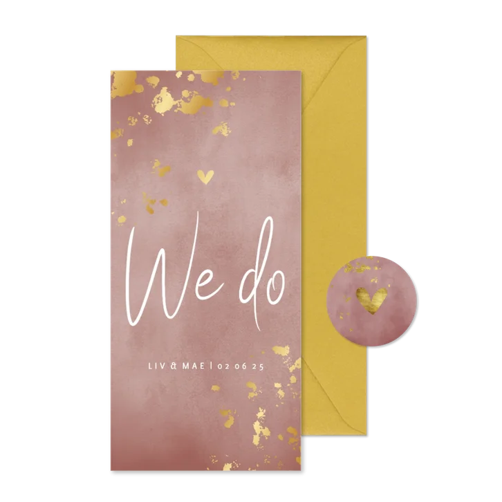 Trouwkaart oud roze waterverf gouden spetters
