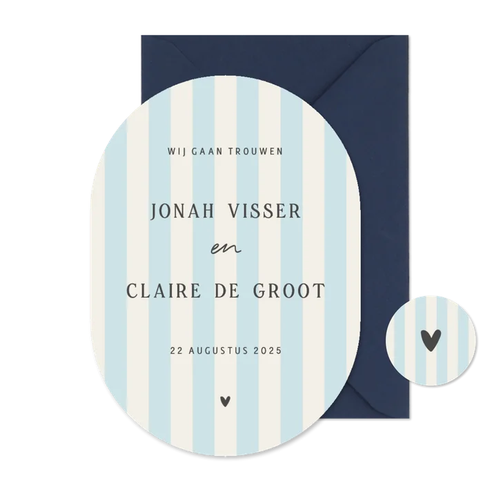 Trouwkaart ovaal klassiek gestreept blauw beige