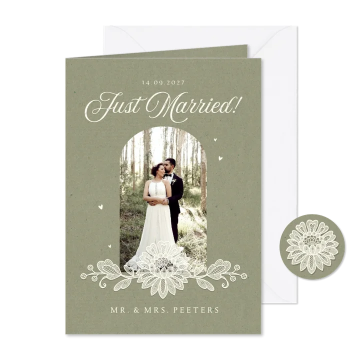 Trouwkaart pas getrouwd vintage kant kraft foto groen hartje