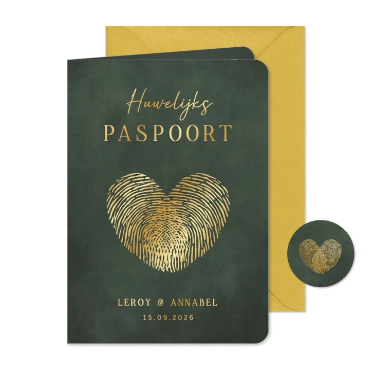 Trouwkaart paspoort met hartje van vingerafdrukken
