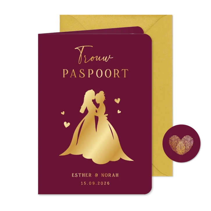 Trouwkaart paspoort met silhouet 2 vrouwen in goudfolie