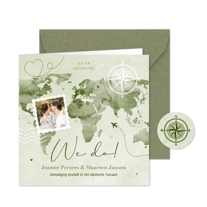 Trouwkaart paspoort wereldkaart liefde groen verf foto