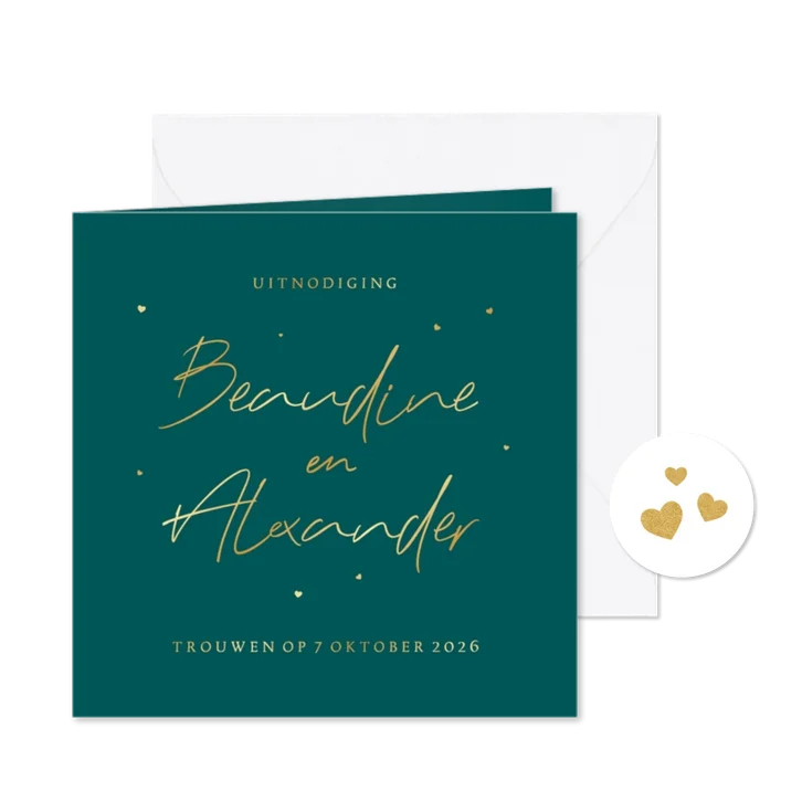 Trouwkaart petrol minimalistisch romantisch goud hartjes