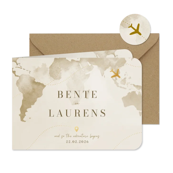 Trouwkaart reisthema waterverf wereld goudfolie vliegtuig