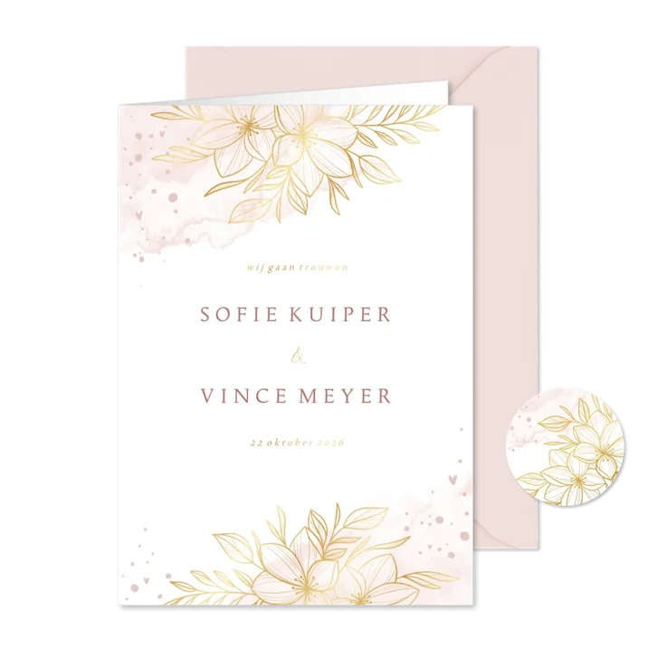 Trouwkaart romantisch gouden bloemen met roze waterverf