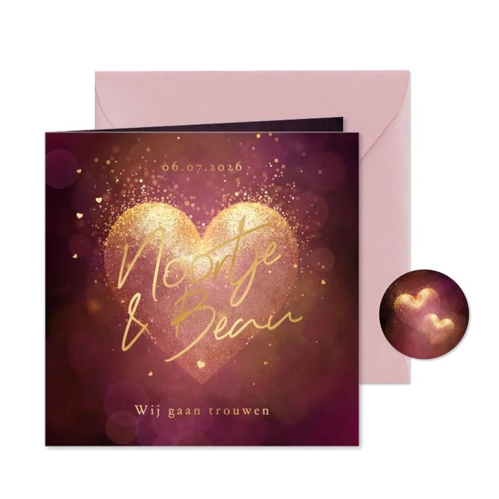Trouwkaart romantisch hart goud donker stijlvol