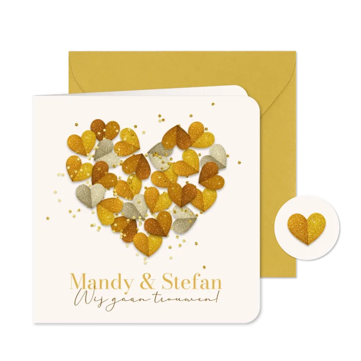 Trouwkaart romantisch hartjes goud glitter confetti hart