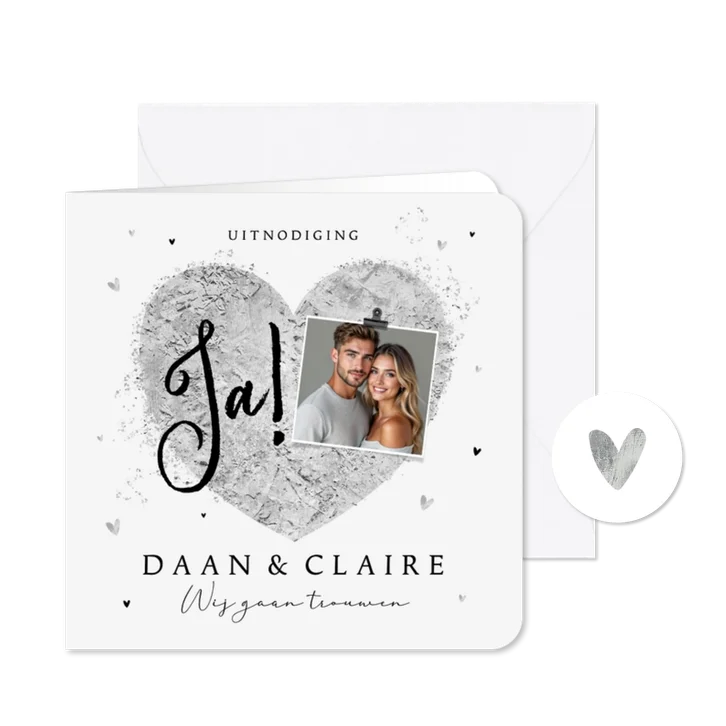 Trouwkaart romantisch hip hart zilver foto ja hartjes