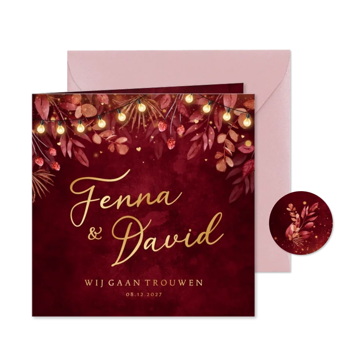 Trouwkaart romantisch rood winter takjes lampjes hartjes