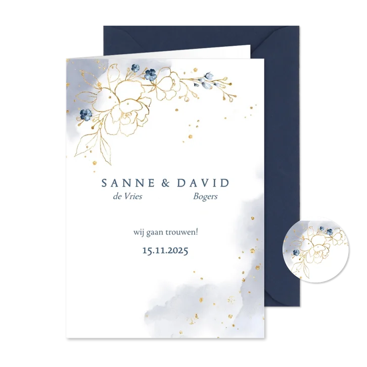 Trouwkaart roosjes donkerblauw en goud