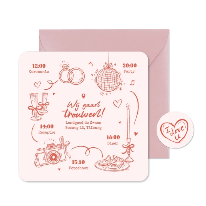 Trouwkaart roze doodle tijdlijn romantisch illustraties