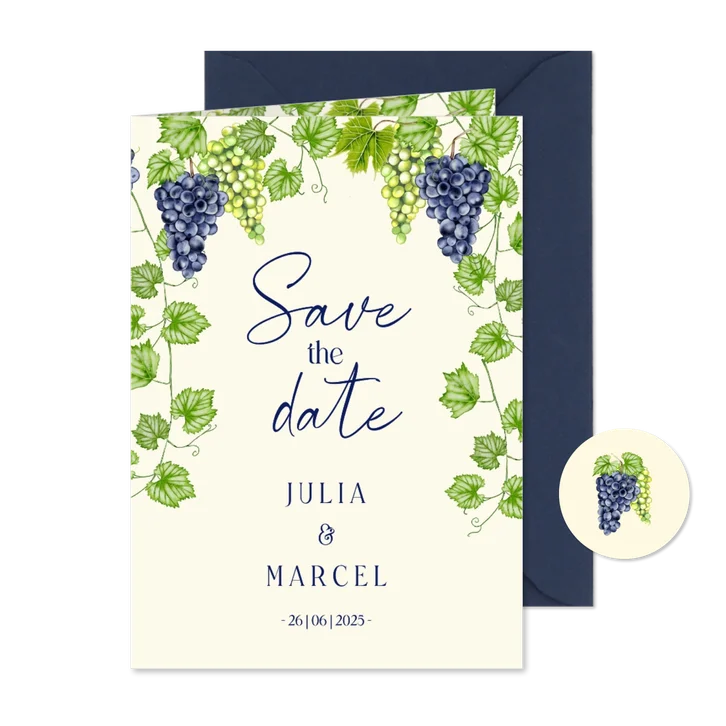 Trouwkaart save the date blauwe en groene druiven