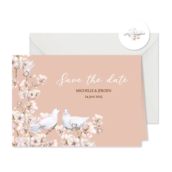 Trouwkaart save the date bloesem duiven