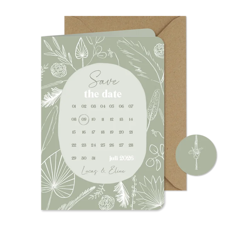 Trouwkaart save the date bohemian lijntekening kalender
