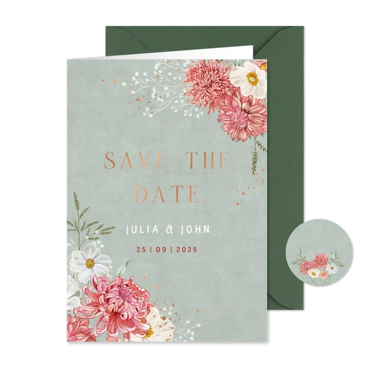 Trouwkaart save the date dahliabloemen en herfstanemoon 