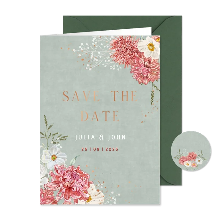 Trouwkaart save the date dahliabloemen en herfstanemoon