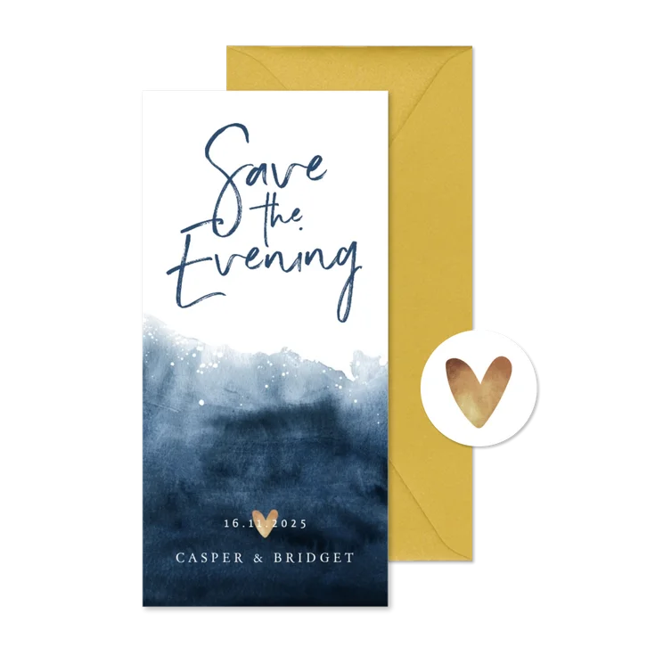 Trouwkaart save the date evening night inkt goud