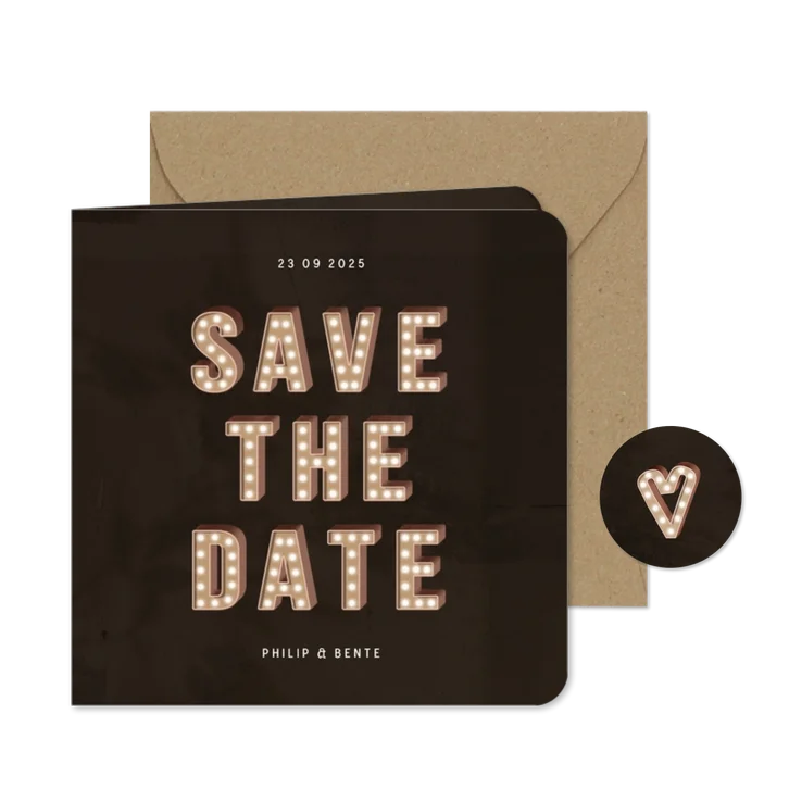 Trouwkaart save the date festival letters met licht