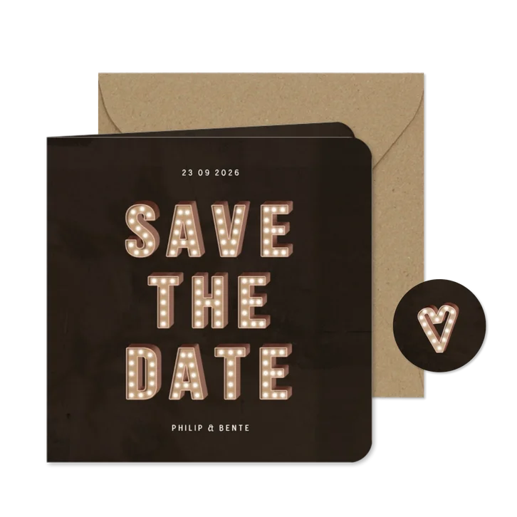 Trouwkaart save the date festival letters met licht 