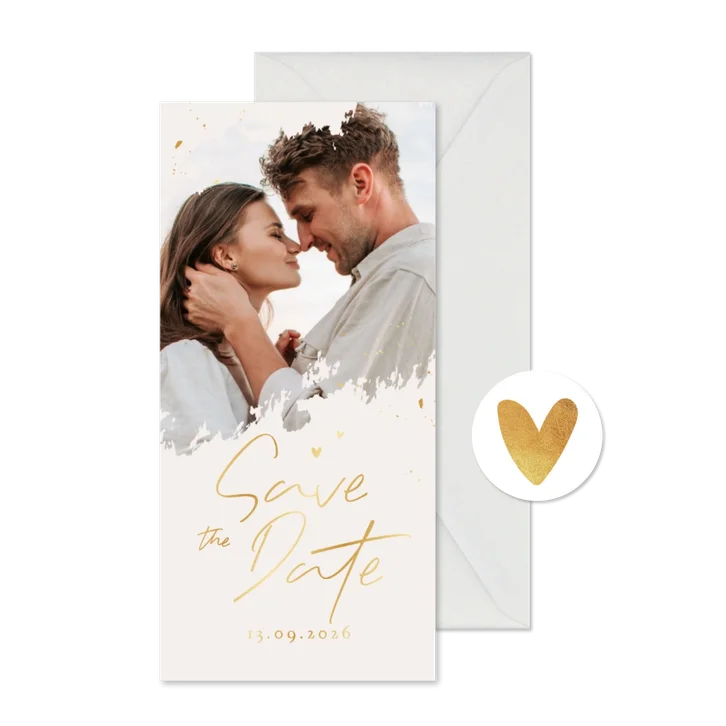 Trouwkaart save the date foto goud persoonlijk