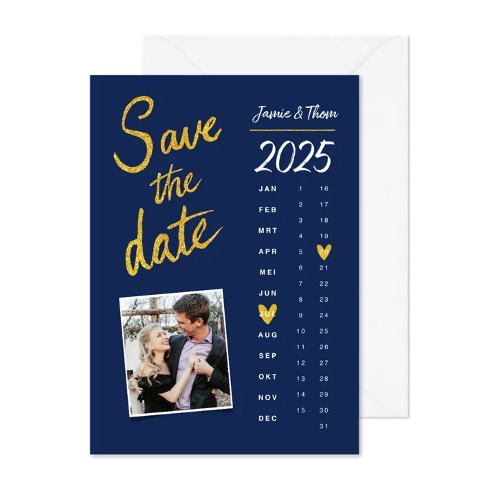Trouwkaart save the date goud kalender