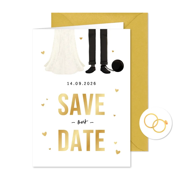 Trouwkaart save the date grappig cartoon humor hartjes goud