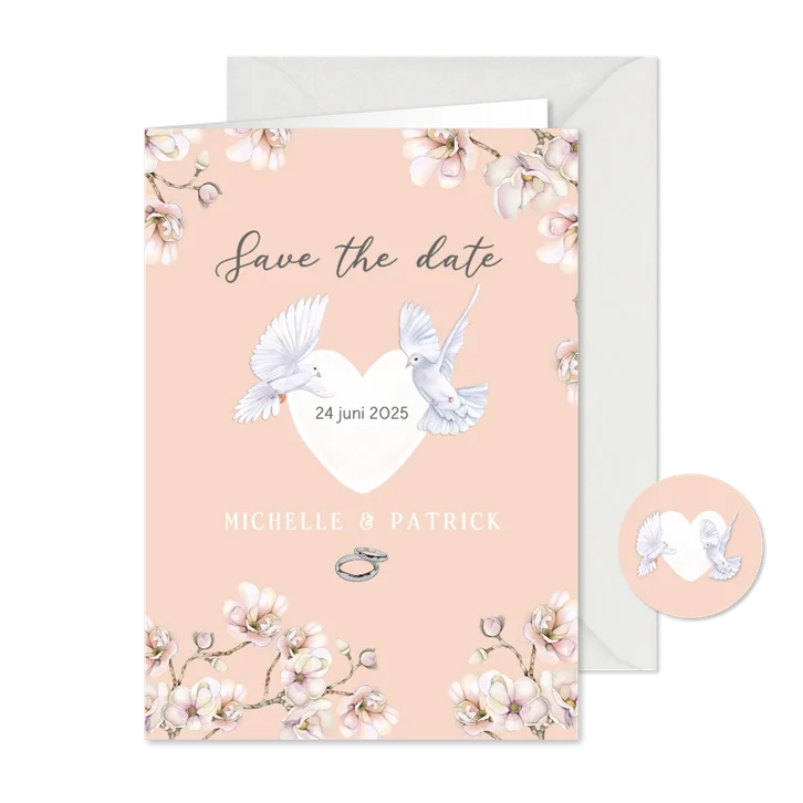 Trouwkaart Save the date hart duifjes