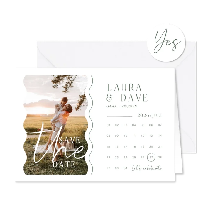 Trouwkaart save the date kalender foto grafisch golven