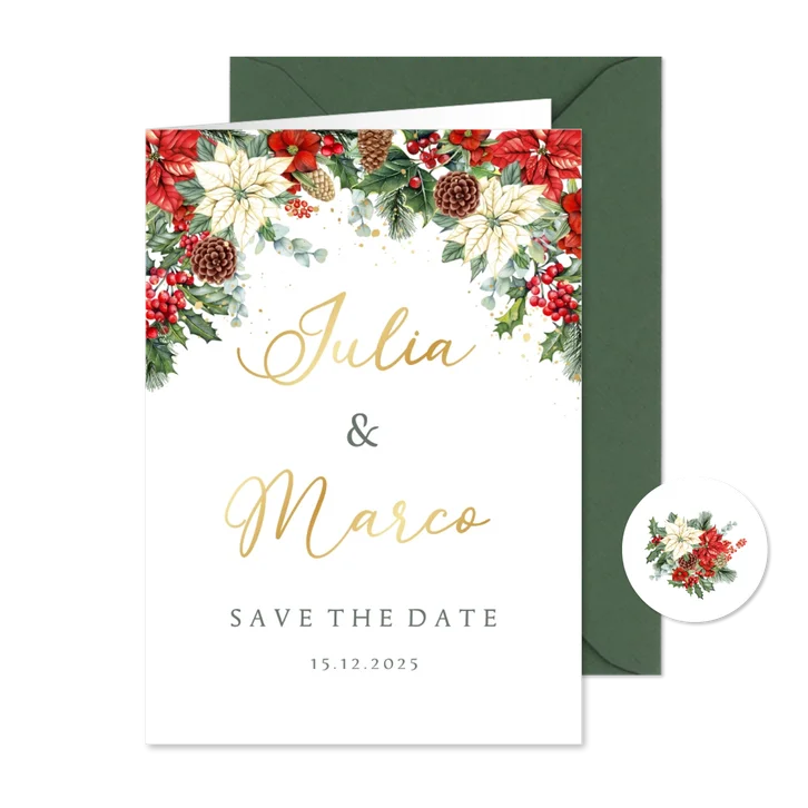 Trouwkaart save the date kerstster met kersttakken