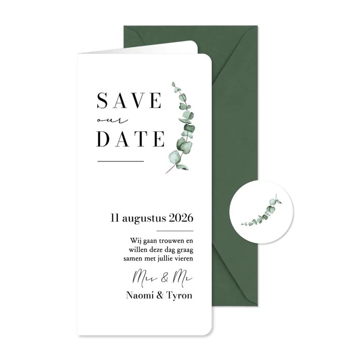 Trouwkaart save the date klassiek stijlvol eucalyptus