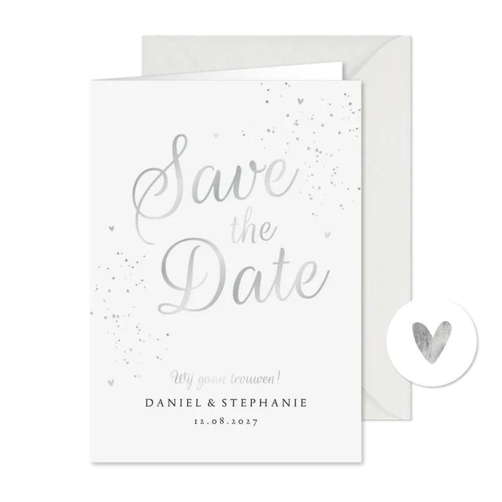 Trouwkaart save the date klassiek zilver met hartjes