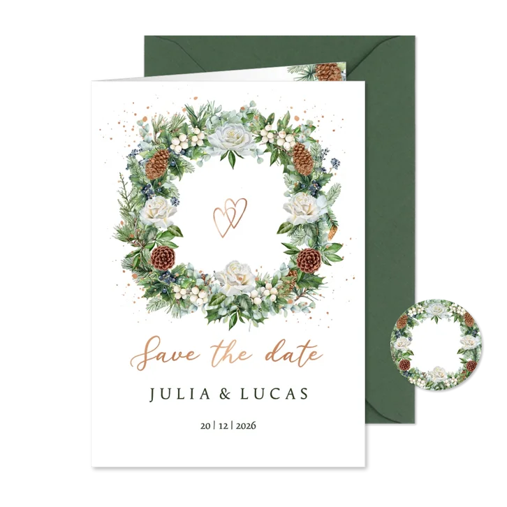 Trouwkaart save the date krans rozen met kersttakken