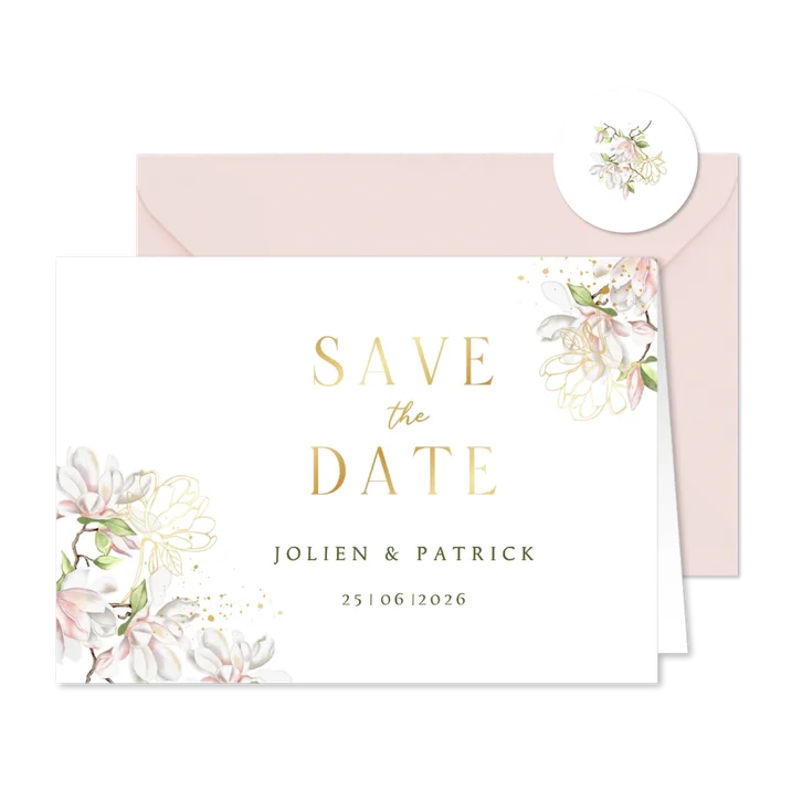Trouwkaart save the date magnoliatakken met goudfolie