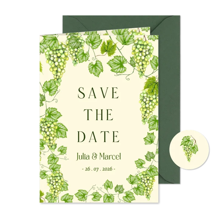 Trouwkaart save the date met groene druiven 