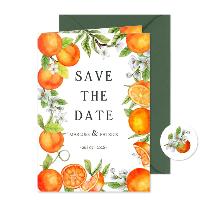 Trouwkaart save the date sinaasappels met bloesem