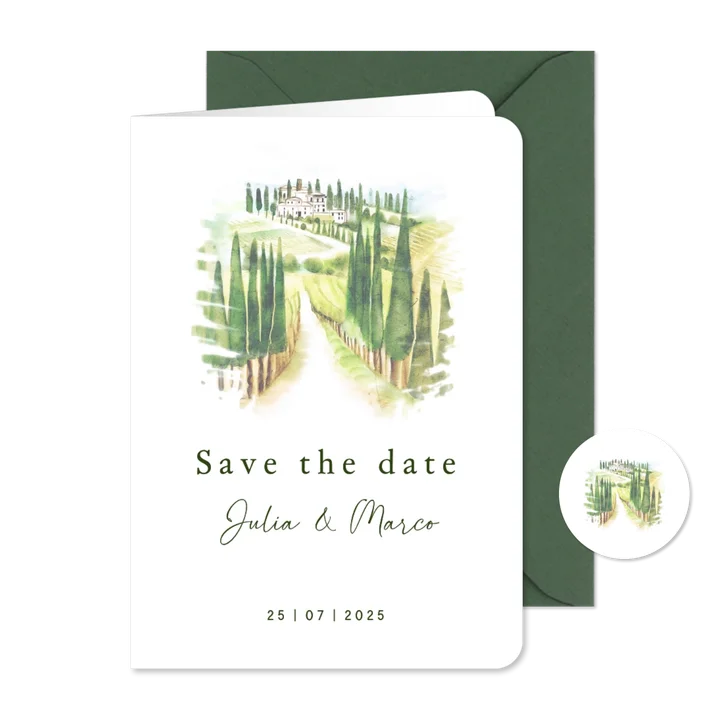 Trouwkaart save the date Toscane landschap