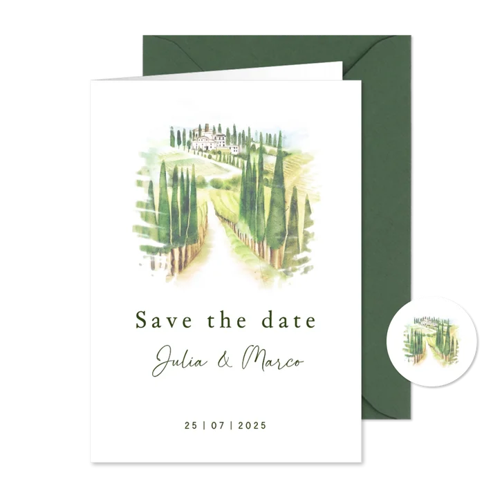 Trouwkaart save the date Toscane landschap