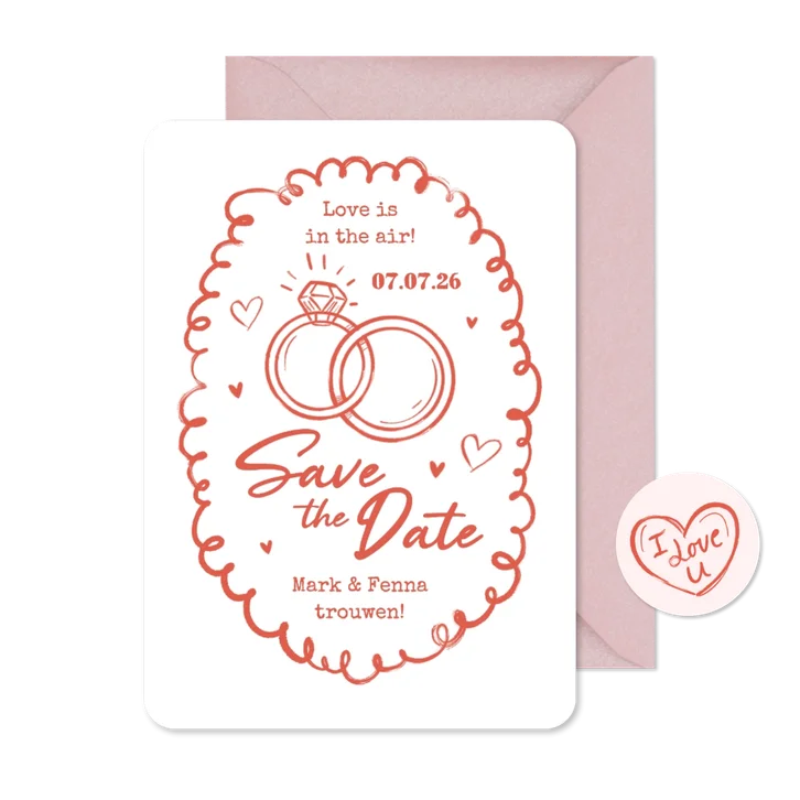 Trouwkaart save the date trouwen ringen doodle roze