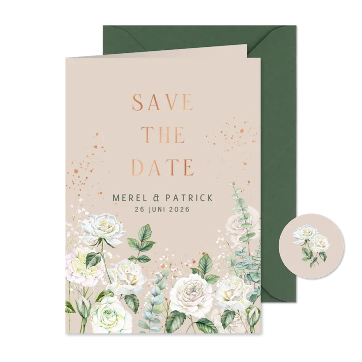 Trouwkaart save the date witte rozen met koperfolie