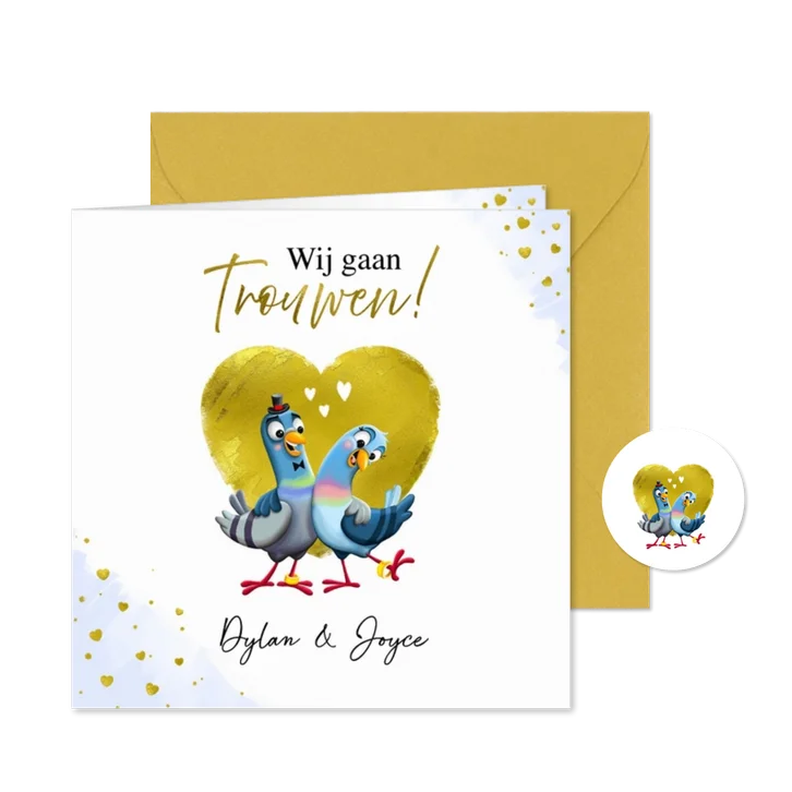Trouwkaart schattige tortelduifjes staan voor een hart