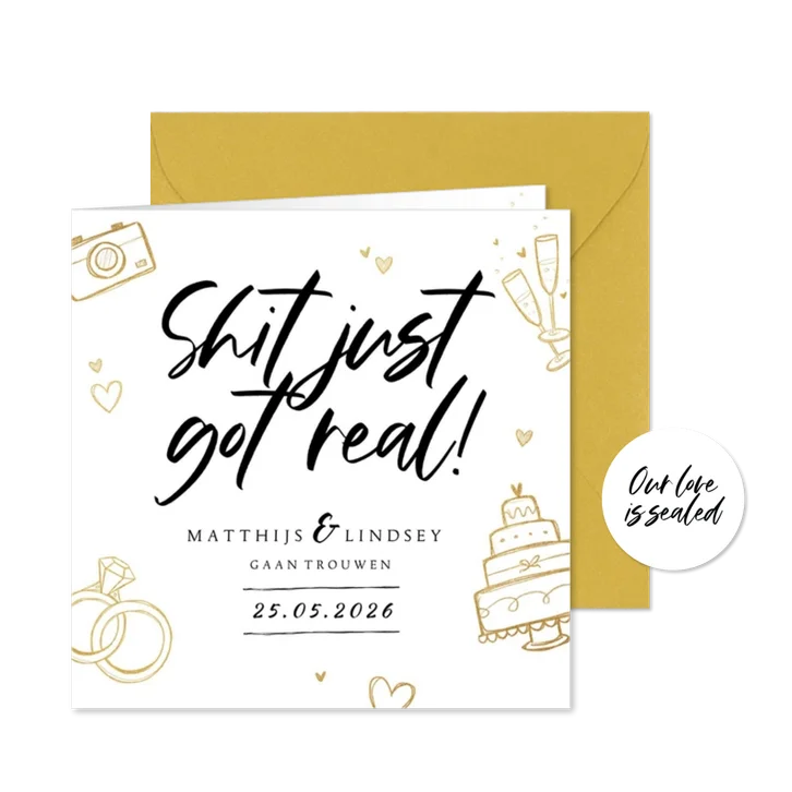 Trouwkaart Shit just got real grappig goud stijlvol