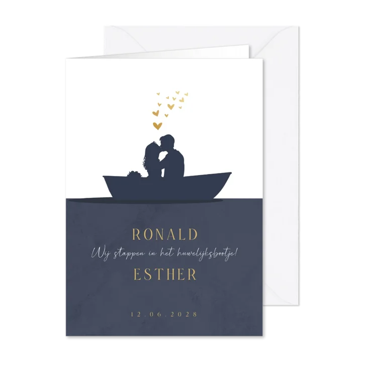 Trouwkaart silhouet bootje met bruidspaar